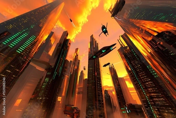 Obraz A stunning futuristic cityscape at dusk featuring metallic skyscrapers with reflective surfaces, flying cars zooming between buildings, and a vibrant neon-lit sunset sky. Rendered in a cyberpunk style