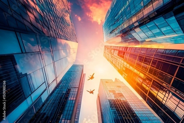 Obraz A stunning futuristic cityscape at dusk featuring metallic skyscrapers with reflective surfaces, flying cars zooming between buildings, and a vibrant neon-lit sunset sky. Rendered in a cyberpunk style