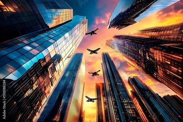 Obraz A stunning futuristic cityscape at dusk featuring metallic skyscrapers with reflective surfaces, flying cars zooming between buildings, and a vibrant neon-lit sunset sky. Rendered in a cyberpunk style