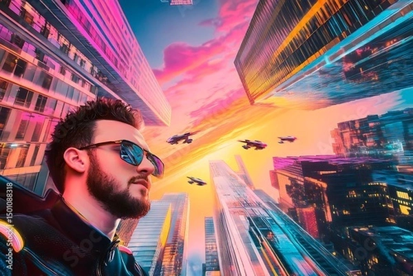 Obraz A stunning futuristic cityscape at dusk featuring metallic skyscrapers with reflective surfaces, flying cars zooming between buildings, and a vibrant neon-lit sunset sky. Rendered in a cyberpunk style