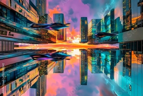 Obraz A stunning futuristic cityscape at dusk featuring metallic skyscrapers with reflective surfaces, flying cars zooming between buildings, and a vibrant neon-lit sunset sky. Rendered in a cyberpunk style
