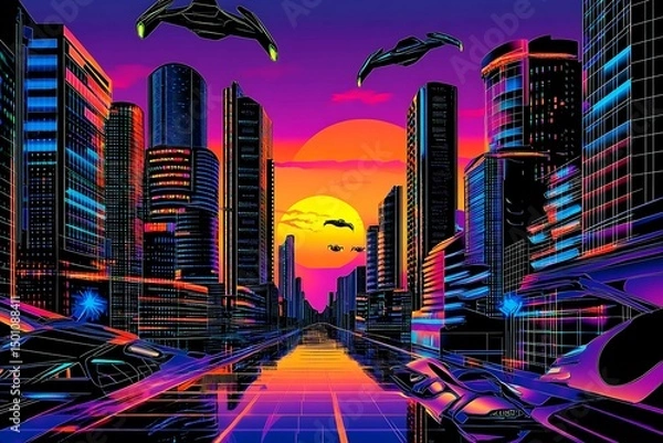 Obraz A stunning futuristic cityscape at dusk featuring metallic skyscrapers with reflective surfaces, flying cars zooming between buildings, and a vibrant neon-lit sunset sky. Rendered in a cyberpunk style
