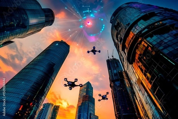 Obraz A stunning futuristic cityscape at dusk featuring metallic skyscrapers with reflective surfaces, flying cars zooming between buildings, and a vibrant neon-lit sunset sky. Rendered in a cyberpunk style