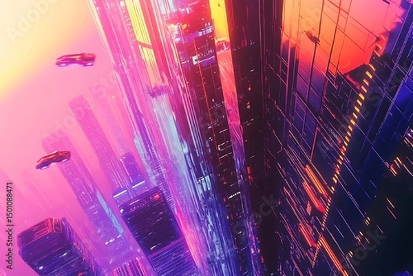 Obraz A stunning futuristic cityscape at dusk featuring metallic skyscrapers with reflective surfaces, flying cars zooming between buildings, and a vibrant neon-lit sunset sky. Rendered in a cyberpunk style