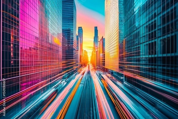 Obraz A stunning futuristic cityscape at dusk featuring metallic skyscrapers with reflective surfaces, flying cars zooming between buildings, and a vibrant neon-lit sunset sky. Rendered in a cyberpunk style