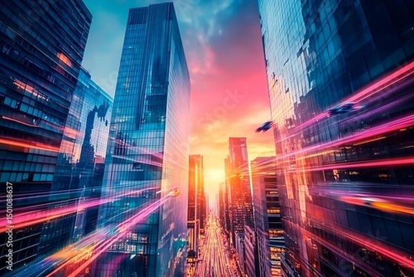 Obraz A stunning futuristic cityscape at dusk featuring metallic skyscrapers with reflective surfaces, flying cars zooming between buildings, and a vibrant neon-lit sunset sky. Rendered in a cyberpunk style