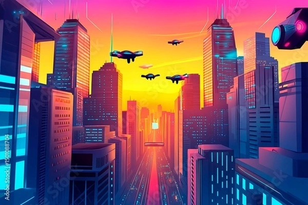 Obraz A stunning futuristic cityscape at dusk featuring metallic skyscrapers with reflective surfaces, flying cars zooming between buildings, and a vibrant neon-lit sunset sky. Rendered in a cyberpunk style