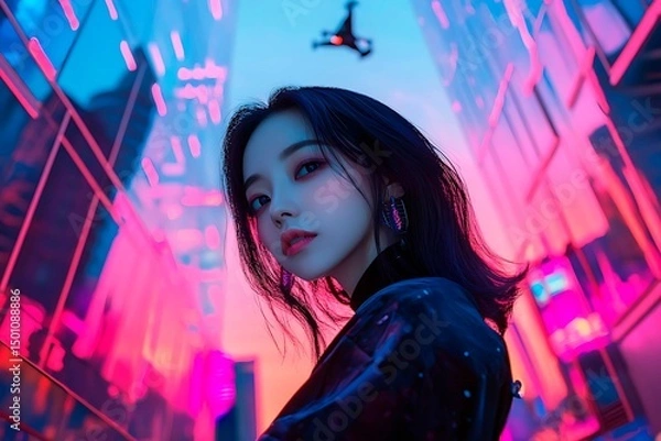 Obraz A stunning futuristic cityscape at dusk featuring metallic skyscrapers with reflective surfaces, flying cars zooming between buildings, and a vibrant neon-lit sunset sky. Rendered in a cyberpunk style