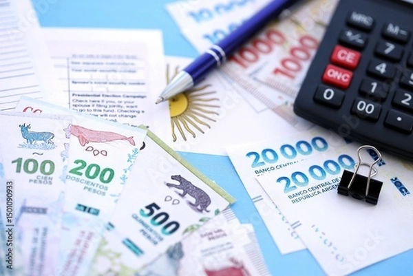 Fototapeta Argentine pesos money bills in big amount lies on table with pen, calculator, passport and tax forms