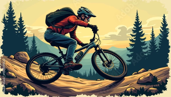 Fototapeta Mountain biker riding along forest trail with pine trees and mountains in the background. Ideal for adventure and outdoor sport themes