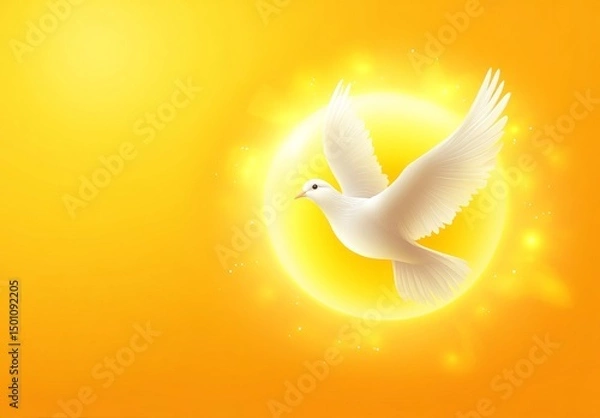 Fototapeta The pentecost spirit is depicted in this modern digital design through abstract flames and a dove illustration on a christian religious background with a sacrament symbol and artistic rays