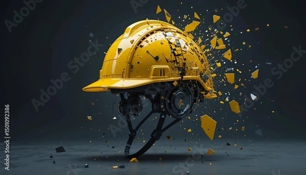 Obraz Yellow construction helmet breaking into floating geometric fragments