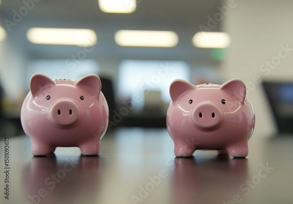 Fototapeta Two piggy comparison variants invest money in banks for wealth, profit, and economy, utilizing coin, safe colours, account finance, and a baby pig's financial box for future earning, deposit,