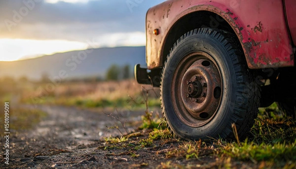Fototapeta A red truck with a rusted wheel is parked on a dirt road. The tire is old and worn, and the truck appears to be abandoned. Concept of nostalgia and a feeling of being in a remote, rural area