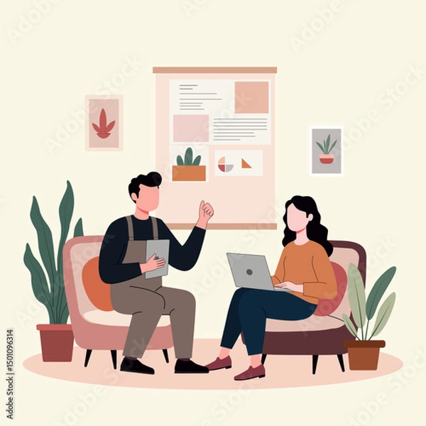 Fototapeta A young man and woman are discusing about creative work at work space