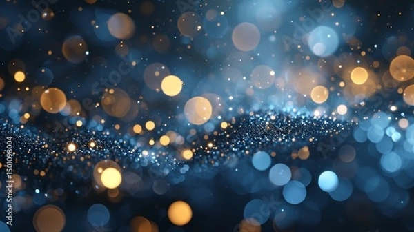 Fototapeta Golden light shine particles bokeh on navy blue background. Holiday. Abstract background with Dark blue and gold particle, shine, bright, sparkle, magical, glittering, texture, effect, space