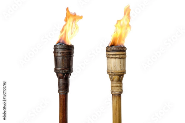 Fototapeta Two lit tiki torches isolated on transparent PNG background