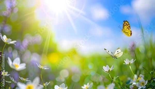 Fototapeta Art Beautiful blurred spring background nature with blooming glade, butterfly and blue sky on a sunny day

