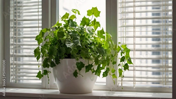 Obraz Lush green plant in white pot on windowsill