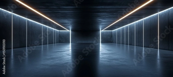 Fototapeta A long, empty hallway with a white ceiling and a white floor