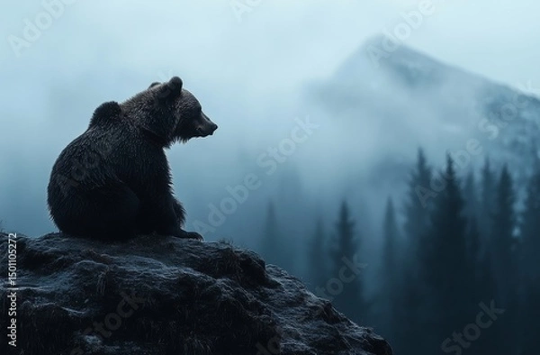 Fototapeta A bear is standing in a field of grass with mountains in the background