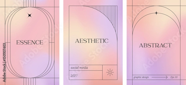 Fototapeta Minimal aesthetic linear frames with holographic gradient background