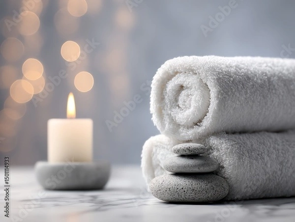 Fototapeta Rolled white towels, stacked stones, and a lit candle create a serene, spa-like atmosphere with soft, warm lighting in the background