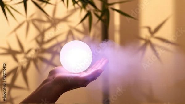 Fototapeta A hand holds a glowing orb with bamboo leaves casting shadows on a beige wall in the background. Generative, AI,