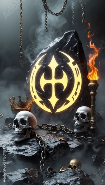 Fototapeta mysterious dark ritual space with glowing symbol skulls and flames for supernatural theme