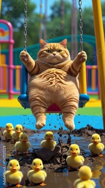 Fototapeta playful orange tabby cat swinging on a vibrant colorful playground with ducklings below