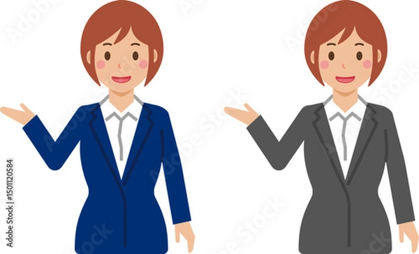 Fototapeta 「こちらへ」と笑顔のショートヘアの若い女性。スーツ姿の上半身