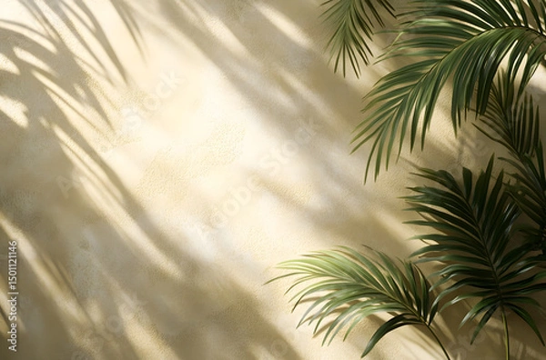 Fototapeta Abstract background of beige color with sun rays and shadows from palm leaves on the wall, 3D rendering