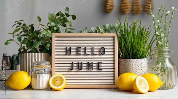 Obraz Letter board with Hello June greeting surrounded by lemons and houseplants on bright kitchen shelf, ideal for seasonal lifestyle content and summer decor