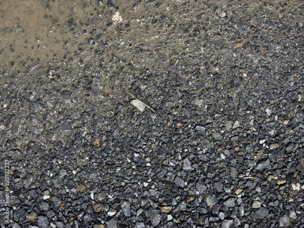 Obraz Wet gravel surface with mixed stones and mud, showcasing natural texture. image captures contrast between dark gravel and lighter wet areas, creating earthy feel