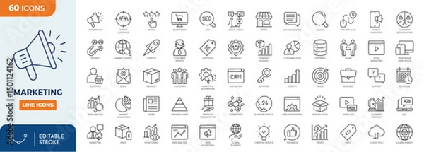Fototapeta Marketing icon set. Containing campaign, market research, strategy, target audience, branding, advertising, promotion, and more. Outline Icon Collection. Editable stroke. Vector illustration	