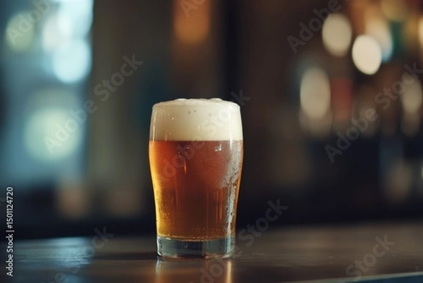 Fototapeta Glass of beer with foam on wooden bar counter in a pub  