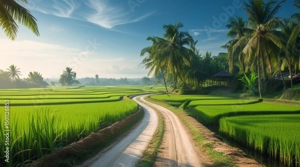Obraz Serene rural landscape with lush green rice paddies and winding dirt path under clear blue sky