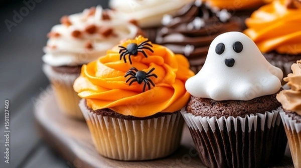 Fototapeta Festive Halloween Spread Spooky Cupcakes, Ghosts, Candy. Perfect Party Table.