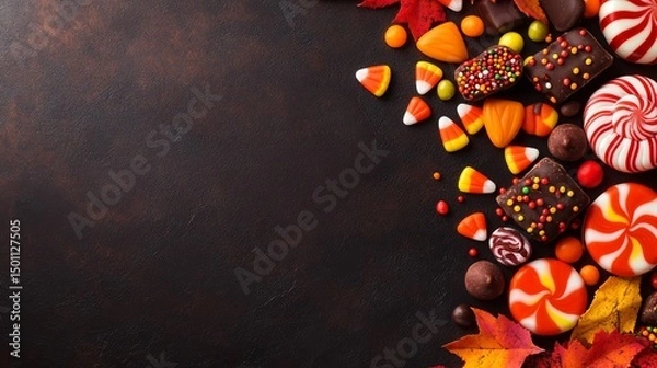Fototapeta Delicious Halloween candy border background with chocolates, candy corn, lollipops on dark surface for trick or treat copy space.