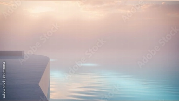 Fototapeta A serene infinity pool reflects a stunning sunrise with soft pastel colors, creating a tranquil and ethereal atmosphere. Generative, AI,