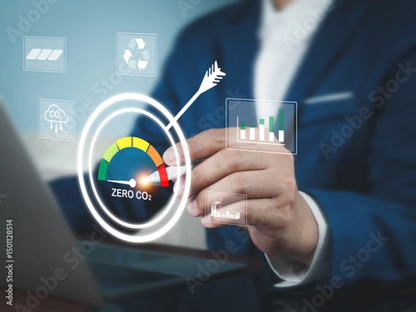 Fototapeta Zero CO2 emissions, zero carbon dioxide emissions by 2050, the goal of using renewable energy in the future