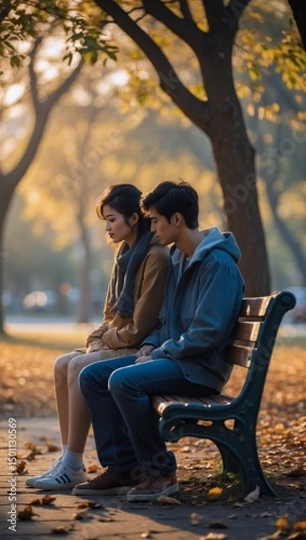 Fototapeta Somber Moment of Youthful Reflection in a Serene Park Setting During Autumn