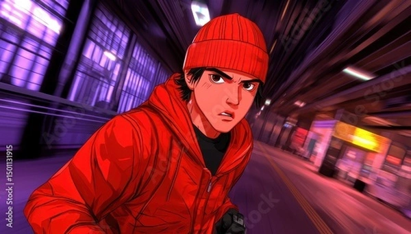 Fototapeta Young Man in Red Hat and Jacket Under Fluorescent Lights in an Urban