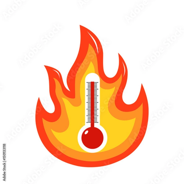 Fototapeta Red thermometer in fire flames, high temperature warning, hot summer day, heatwave, climate change concept vector illustration.