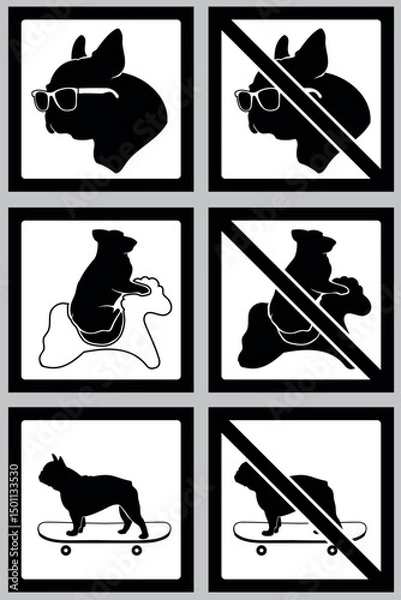 Obraz A set of vector stickers with dogs. Made in the form of official signs, the stickers prohibit dogs from skateboarding, riding carousels, and wearing sunglasses.