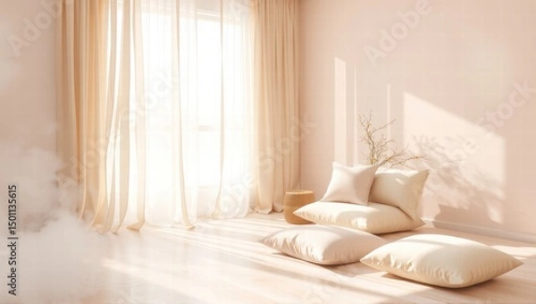 Fototapeta A cozy, minimalist living space with soft beige tones, featuring a low sofa with three pillows, sheer curtains, and a decorative plant in a woven basket. Generative, AI,