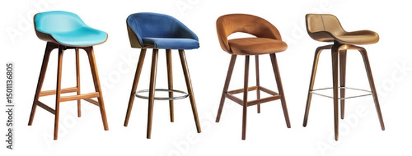 Fototapeta Mid-century modern bar stools in various colors and materials for contemporary interior design inspiration