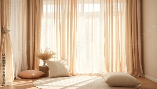Fototapeta A serene room with beige curtains, sheer white drapes, a small wooden table with a potted plant, and large cushions on the floor, creating a cozy and minimalist space. Generative, AI,