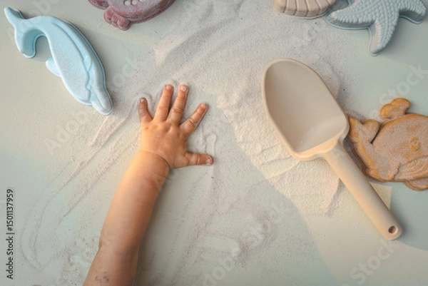 Obraz Top view of a child’s hand playing with sand, surrounded by pastel-colored sea creature toys and a beige scoop. The hand leaves playful marks in the sand, evoking sensory exploration and summer joy