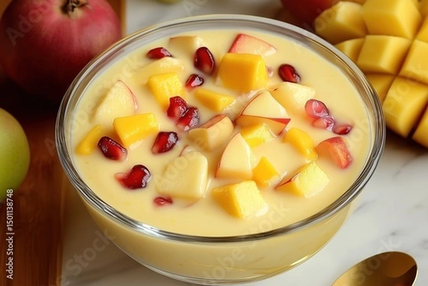 Fototapeta Indian Dessert Fruit Custard with Mixed Fresh Fruits in Vanilla Cream on Marble Countertop